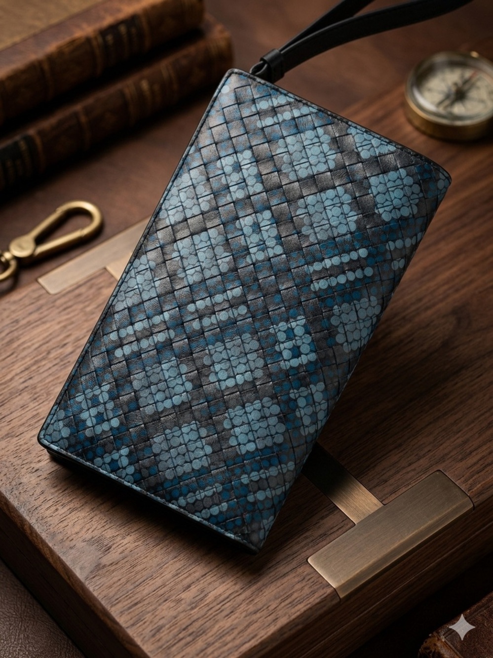 Bottega Veneta Blue Tartan Dots Intrecciato Leather Continental Flap Wallet